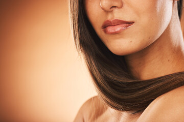 Beauty, hair care and woman in studio with healthy hair for brazilian, keratin or botox treatment....