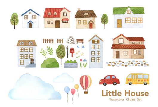 Big collection of small houses. Towns and houses, trees, clouds and various symbols. Hand painted watercolor on white clip art graphic elements for printable decoration.