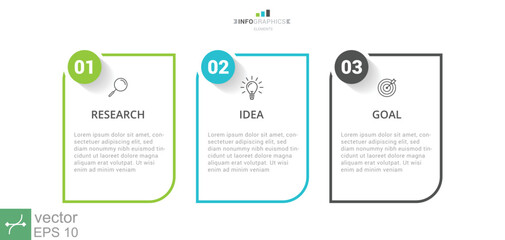 3 steps diagram. Three square elements in horizontal row. Rectangle with number and icons. 3 stages of business process. Vector illustration EPS 10.