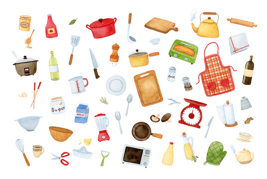 Big collection of kitchen tools. Salt and pepper, pots, aprons, mittens, plates, various symbols. Hand painted watercolor on white clip art graphic elements for printable decoration.