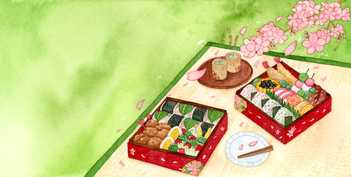 手描き水彩画｜お重、お弁当、お花見のカットイラスト