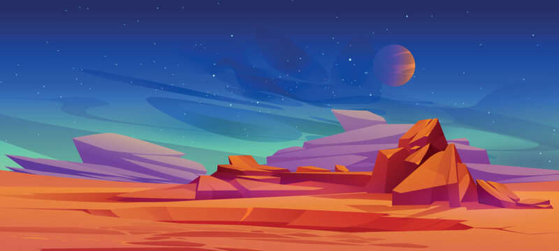 Mars surface, alien planet landscape, cartoon background with red desert, rocks crater and stars shine on dark night sky. Martian extraterrestrial computer game backdrop, Vector illustration