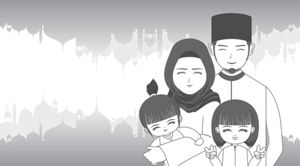 Vector illustration of happy family celebrating Eid Mubarak with black and white concept.