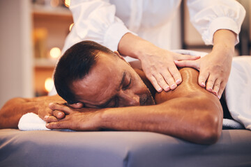 Obraz na płótnie Canvas Spa, back massage and hands of therapist with oil for physical therapy, health and wellness on table. Patient man on table to relax, peace and luxury zen treatment at a beauty salon for stress relief