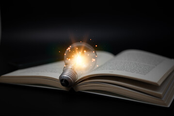 Bright lamp or glowing light bulb with book or textbook. Business success idea or solution concept....