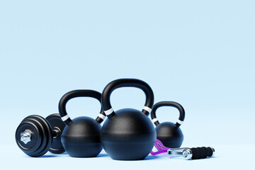 Fototapeta na wymiar 3D illustration, black dumbbells, kettlebells, and fitness bands on a blue colorful background. Time to change your body concept.