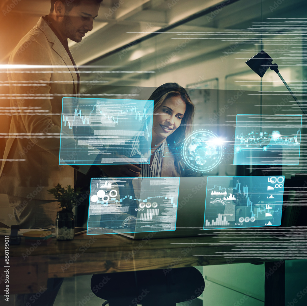 Aufkleber business people, teamwork or consulting cloud computing, hologram or futuristic 5g ux tech for netwo
