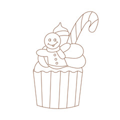 Coloring page outline of Christmas sweet cupcake. Outlined muffin with cream and decoration. Coloring vector book antistress for adult and kids.