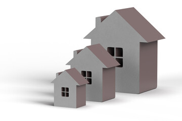 3d illustration. Three gray houses of different sizes on a white background. 