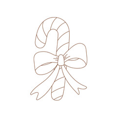 Coloring page outline of Christmas candy cane with bow. Outlined sweet lollipop. Coloring vector book antistress for adult and kids.
