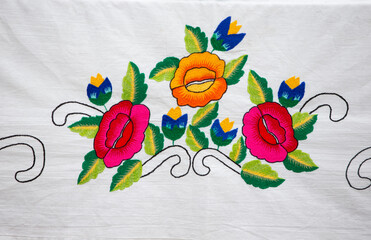 Traditional Slavic vintage vyivka. Ethnic floral Ukrainian or Belarusian pattern on fabric.