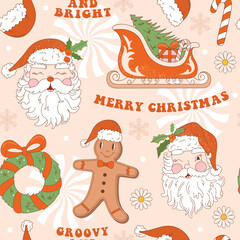 Retro seamless pattern with groovy Santa Claus, gingerbread man, Christmas wreath, Santa Claus sleigh, candy cane, slogan text and abstract elements. Vintage vector for winter holidays.