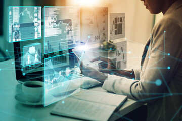 Business woman, phone and laptop with hologram, ai and networking or forex trading in office....