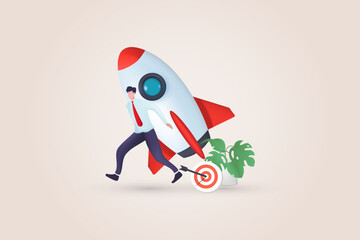 3D Start your own business, launch a rocket success or entrepreneur, start-up project or boost company growth, invention concept, ambitious entrepreneur carrying rocket