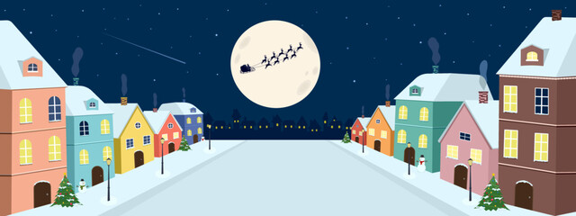 Christmas banner vector illustration, sweet pastel colorful house with road street in cute lovely city town, Santa Claus fly in sleigh with reindeers on full moon sky night, winter calibration holiday