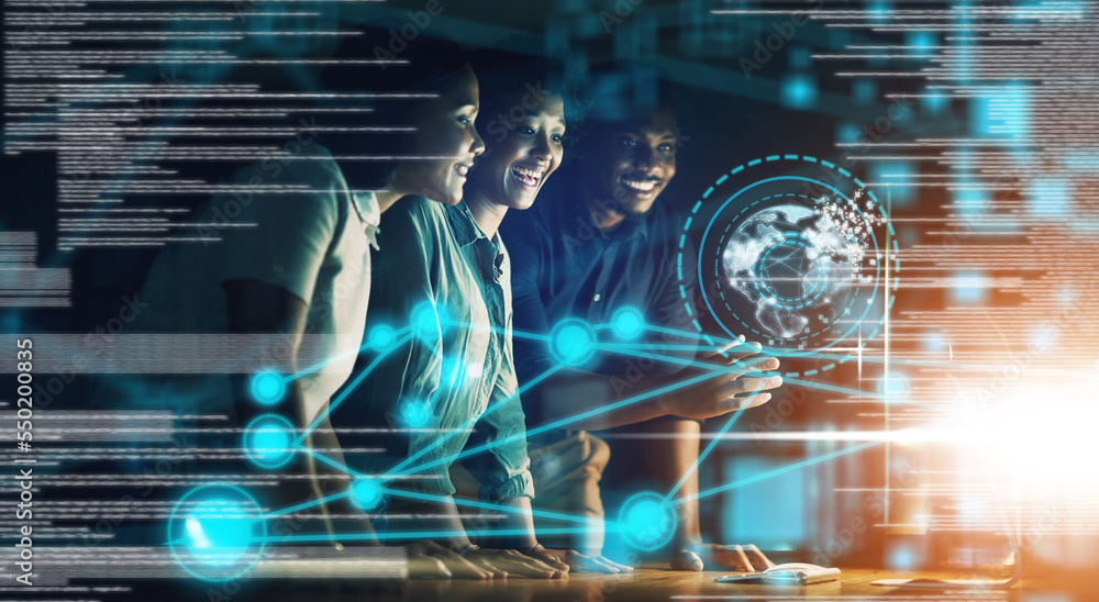 Leinwandbilder global hologram, business people and digital transformation with scifi, cyberpunk or information tec