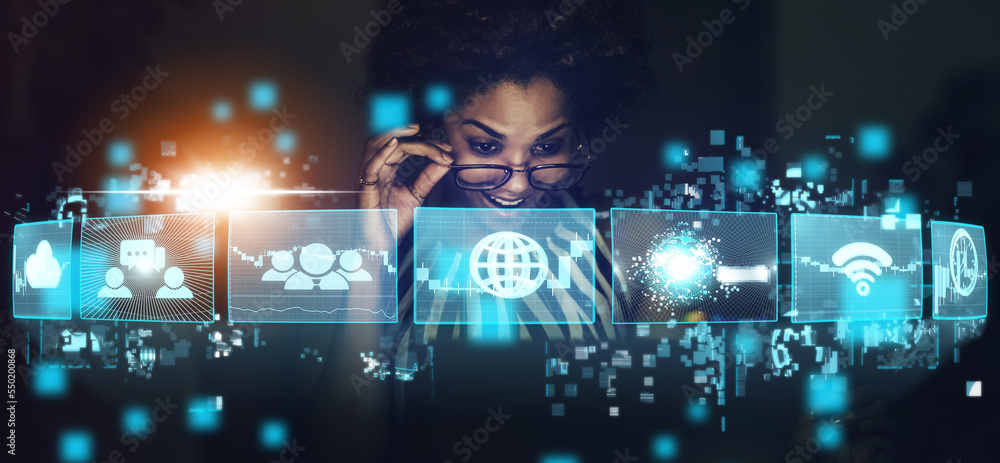 Aufkleber woman, networking and ai technology hologram of virtual icons for business or social communication a