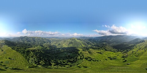 Panorama 360 of the endless lush pastures of the Carpathian expanses and agricultural land. 
