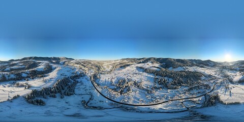 Ukrainian snow-covered villages  Iltci, Verkhovyna, panorama 360 of winter  villages, Carpathian villages in Ukraine.