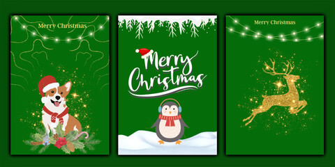 set of greeting card christmas with green background 