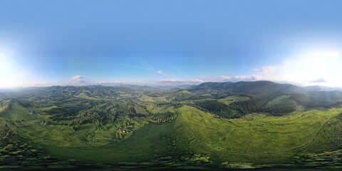  Aerial drone panorama 360 of the summer Carpathians, forests, houses, meadows.