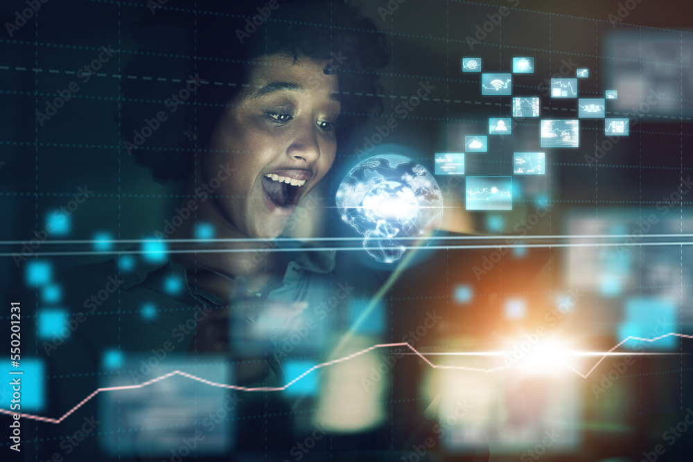 Poster Global telecommunication overlay, futuristic iot hologram and a 5g digital network communication network system. Woman wow, future information technology and blockchain software for online security