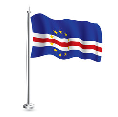 Cabo Verde Flag. Isolated Realistic Wave Flag of Cabo Verde Country on Flagpole.