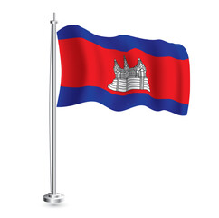 Cambodian Flag. Isolated Realistic Wave Flag of Cambodia Country on Flagpole.