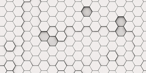 3D embossed honeycomb mosaic white background. Realistic geometric mesh cells texture. Abstract white wallpaper with hexagon grid, 3d rendering