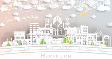 Heraklion Greece. Winter City Skyline in Paper Cut Style with Snowflakes, Moon and Neon Garland.