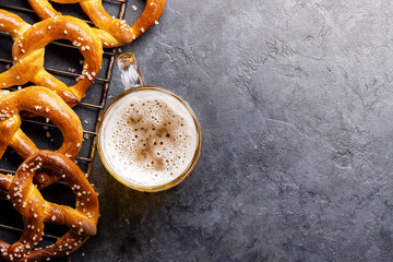 Freshly baked homemade pretzels and draft beer