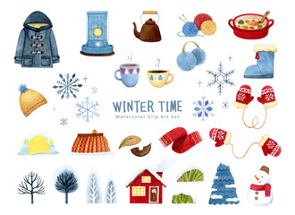 Winter clothes set drawn with hand drawn watercolor. Winter time.	