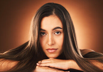 Hair, face and woman in hair care and beauty portrait with keratin treatment, shine and glow with...