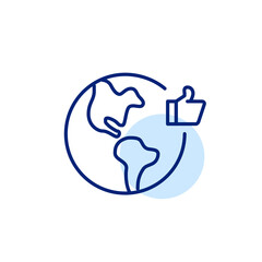 Worldwide customer approval. Planet Earth with thumbs-up symbol. Pixel perfect, editable stroke line icon