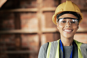 Engineering, portrait and woman construction worker on site working on a renovation project. Face,...