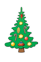 Vector color Christmas tree decorated with xmas balls, toys, decorations. Decoration element, clip art for New year, Xmas