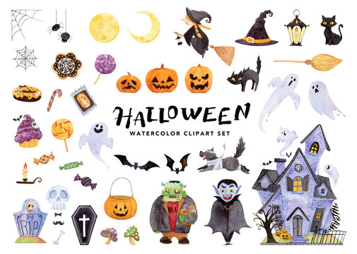 Happy Halloween big collection. character, and horror house, party, candy, various symbols. Hand drawn watercolor painting on white, clip art graphic elements for printable decor.