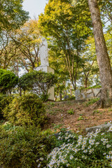 Statue of Mother Mary on plinth under shade trees at Catholic church nature park.