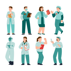 Obraz premium Set of doctor and nurse cartoon characters with various pose. Medical staff team concept in hospital. vector illustration. Standing Doctor and nurse medical characters.