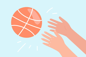 Hands throwing or catching basketball ball on blue background. Person playing team sports game flat vector illustration. Sports, active lifestyle, competition concept for banner or landing web page