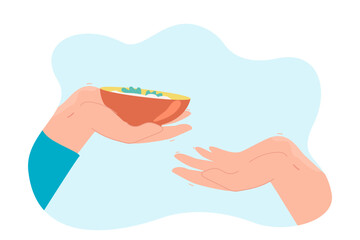 Hand holding bowl with sauce or meal. Person sharing or passing dish with sour cream and onion dip flat vector illustration. Food, condiments concept for banner, website design or landing web page