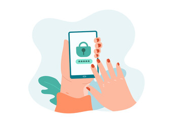 Female hand entering password on smartphone. Hand of person holding phone with lock on screen flat vector illustration. Technology, privacy, protection concept for banner or landing web page