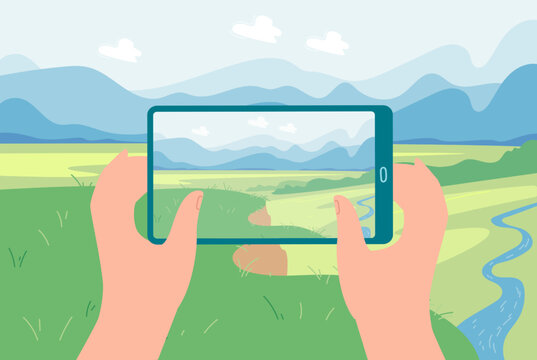 Hands Of Person Taking Photo Of Landscape With Smartphone. Travel Photographer Or Blogger Taking Photo Of Green Field Flat Vector Illustration. Photography, Technology, Traveling Concept For Banner