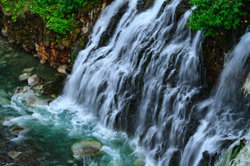 美瑛にある白ひげの滝は伏流水が溢れ出して出来た滝でいくつもの白い筋が見事な景色を作り出しています