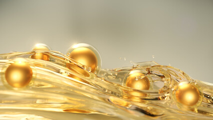 Golden bubble serum on oil splash surface, 3d rendering