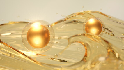 Golden bubble serum on oil splash surface, 3d rendering
