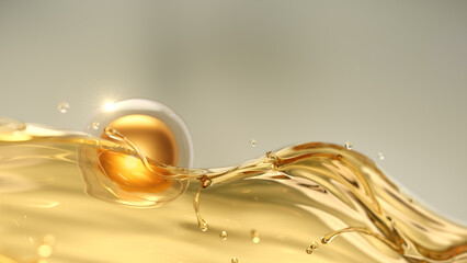 Golden bubble serum on oil splash surface, 3d rendering