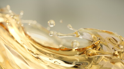 Golden bubble serum on oil splash surface, 3d rendering