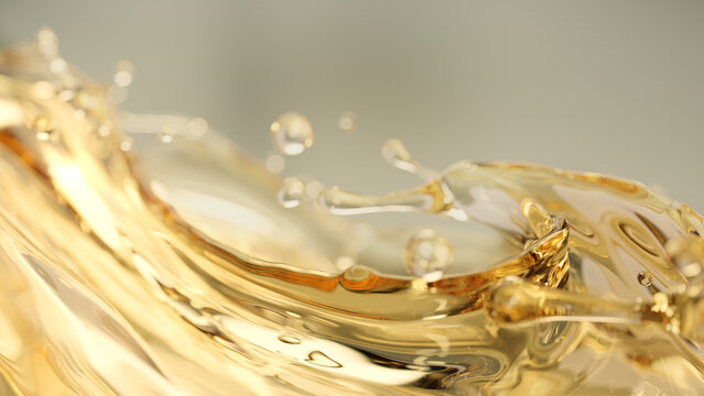Golden bubble serum on oil splash surface, 3d rendering