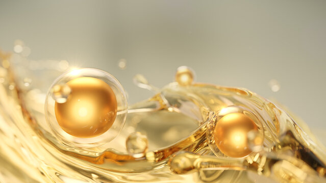Golden bubble serum on oil splash surface, 3d rendering